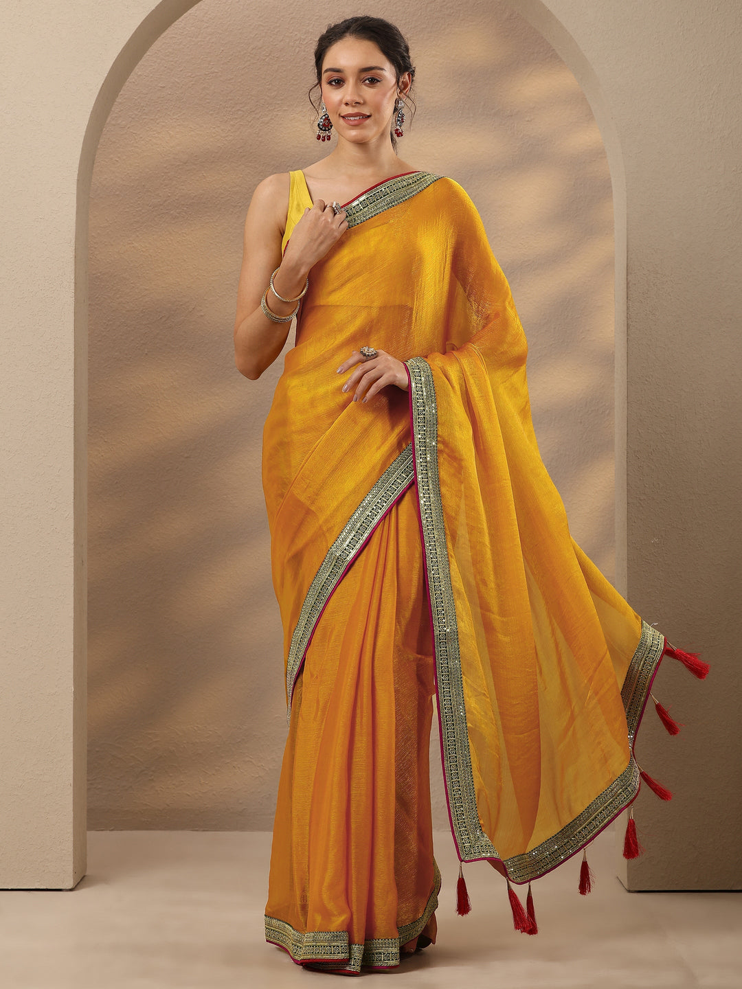  Mustard Solid Silk Blend Saree With Unstitched Blouse Piece 