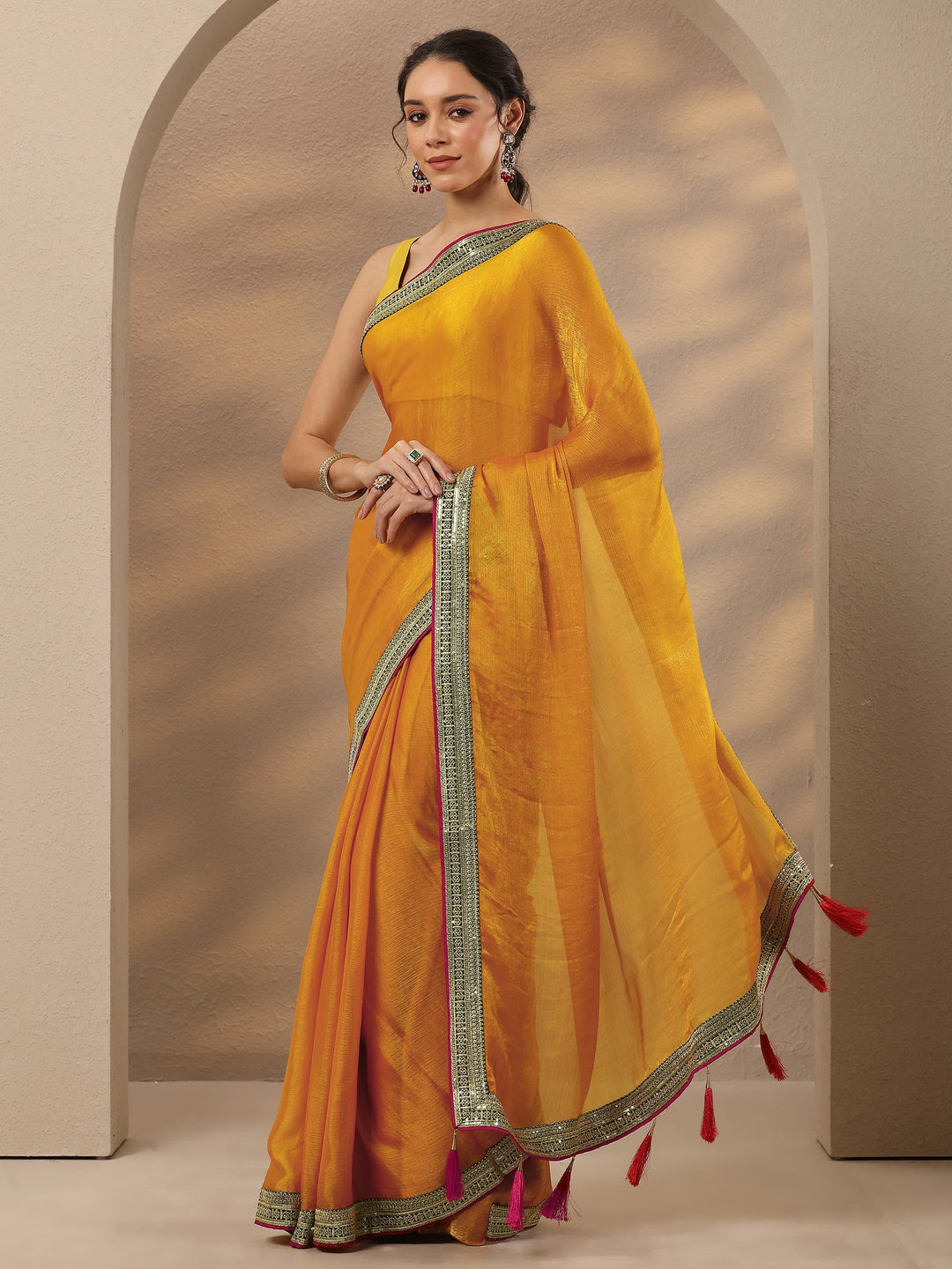  Mustard Solid Silk Blend Saree With Unstitched Blouse Piece 