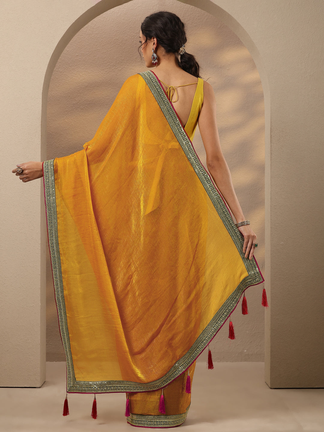  Mustard Solid Silk Blend Saree With Unstitched Blouse Piece 