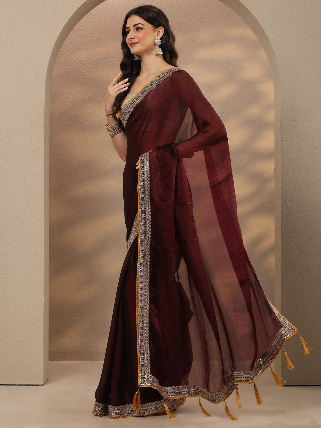  Burgundy Solid Silk Blend Saree With Unstitched Blouse Piece 