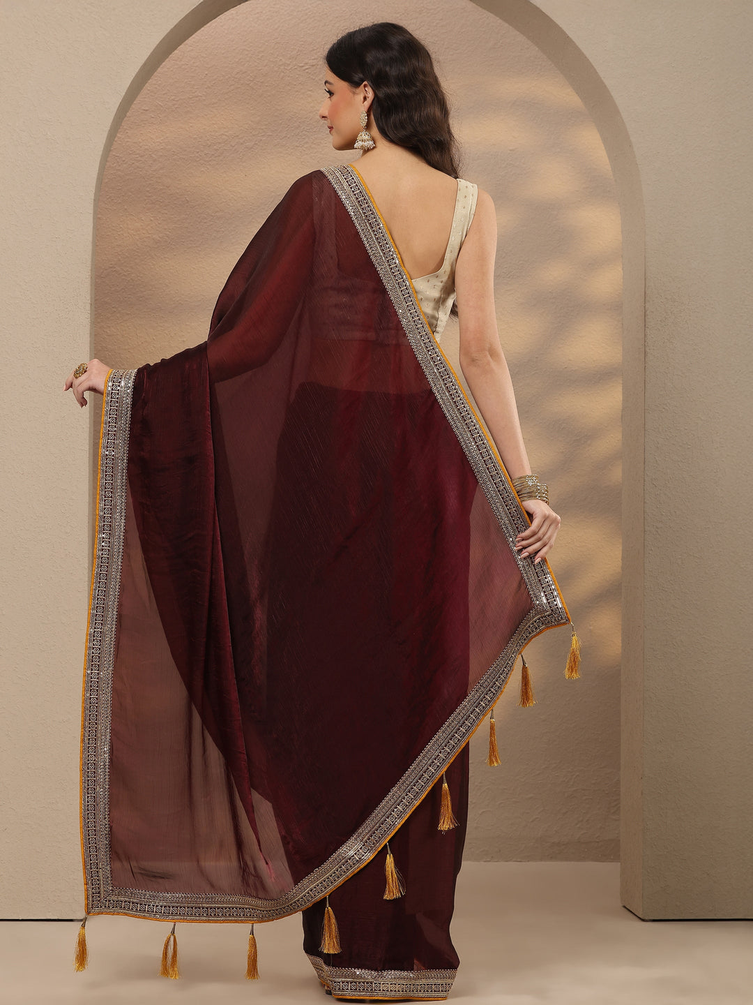  Burgundy Solid Silk Blend Saree With Unstitched Blouse Piece 