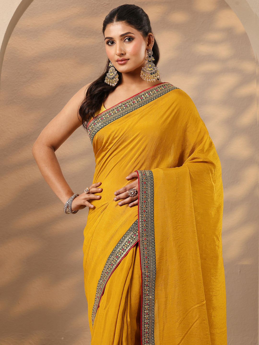  Yellow Solid Silk Blend Saree With Unstitched Blouse Piece 