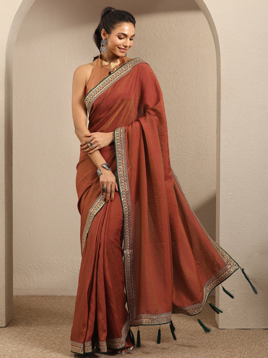  Rust Solid Silk Blend Saree With Unstitched Blouse Piece 