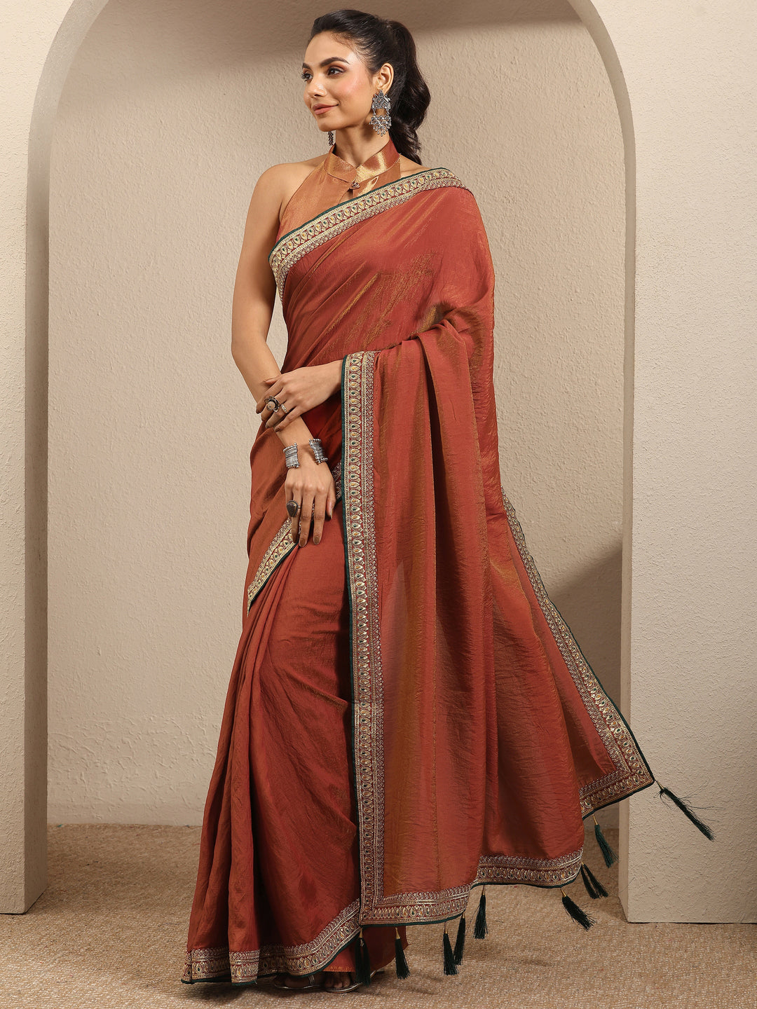  Rust Solid Silk Blend Saree With Unstitched Blouse Piece 