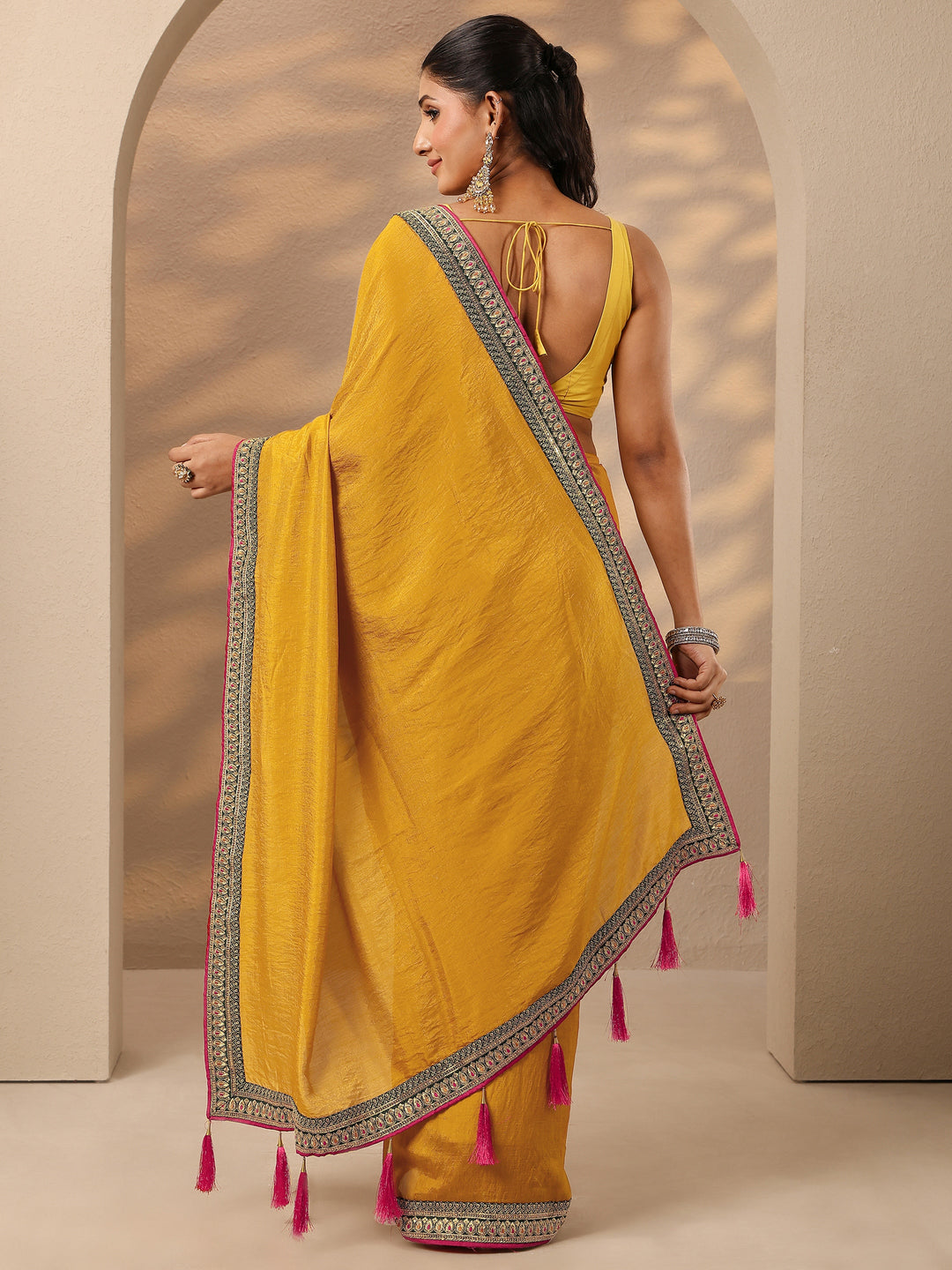  Mustard Solid Silk Blend Saree With Unstitched Blouse Piece 