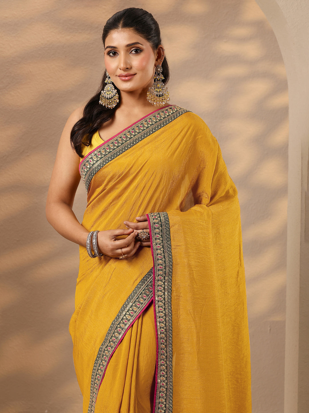  Mustard Solid Silk Blend Saree With Unstitched Blouse Piece 