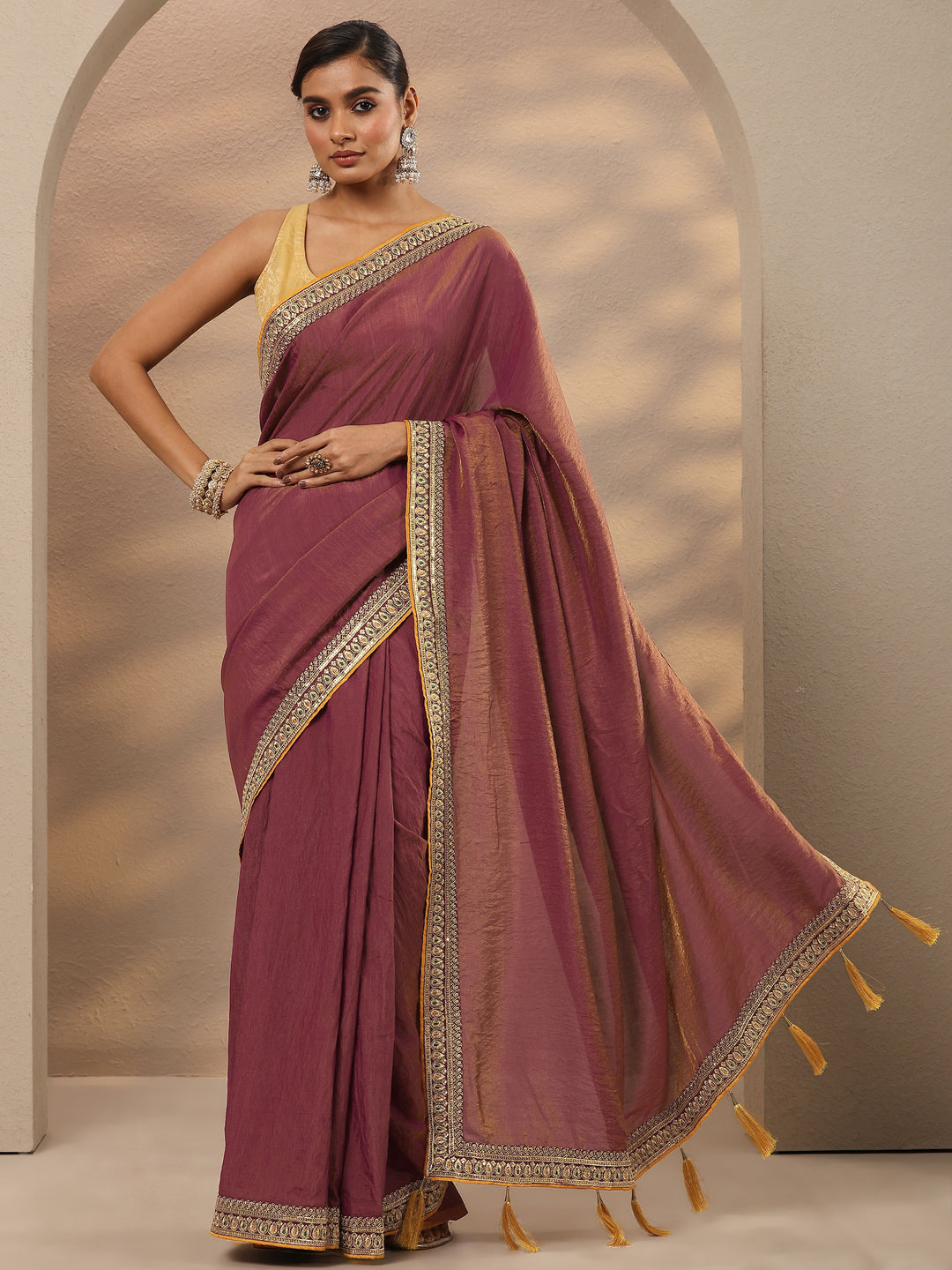  Pink Solid Silk Blend Saree With Unstitched Blouse Piece 