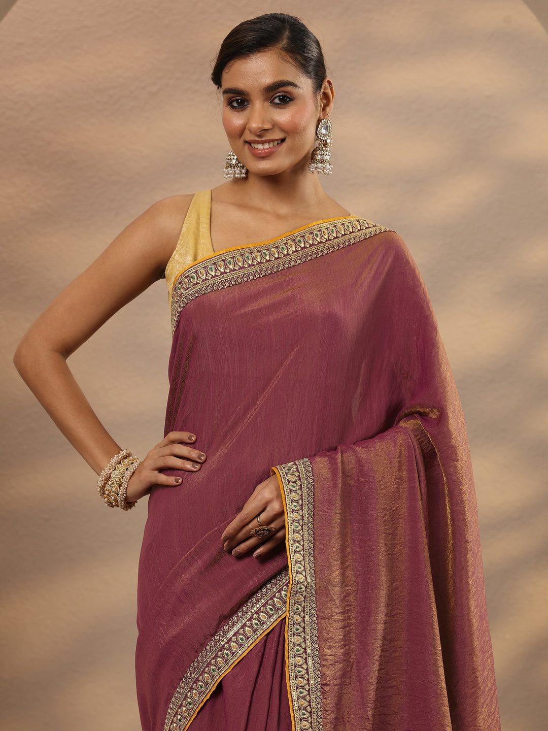  Pink Solid Silk Blend Saree With Unstitched Blouse Piece 