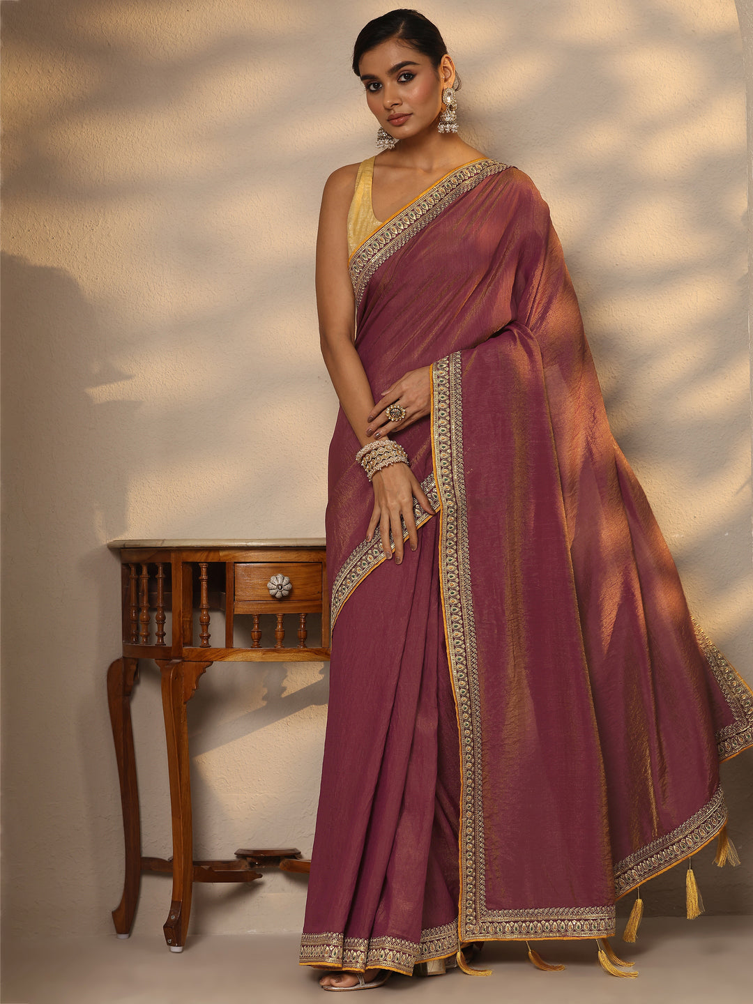  Pink Solid Silk Blend Saree With Unstitched Blouse Piece 