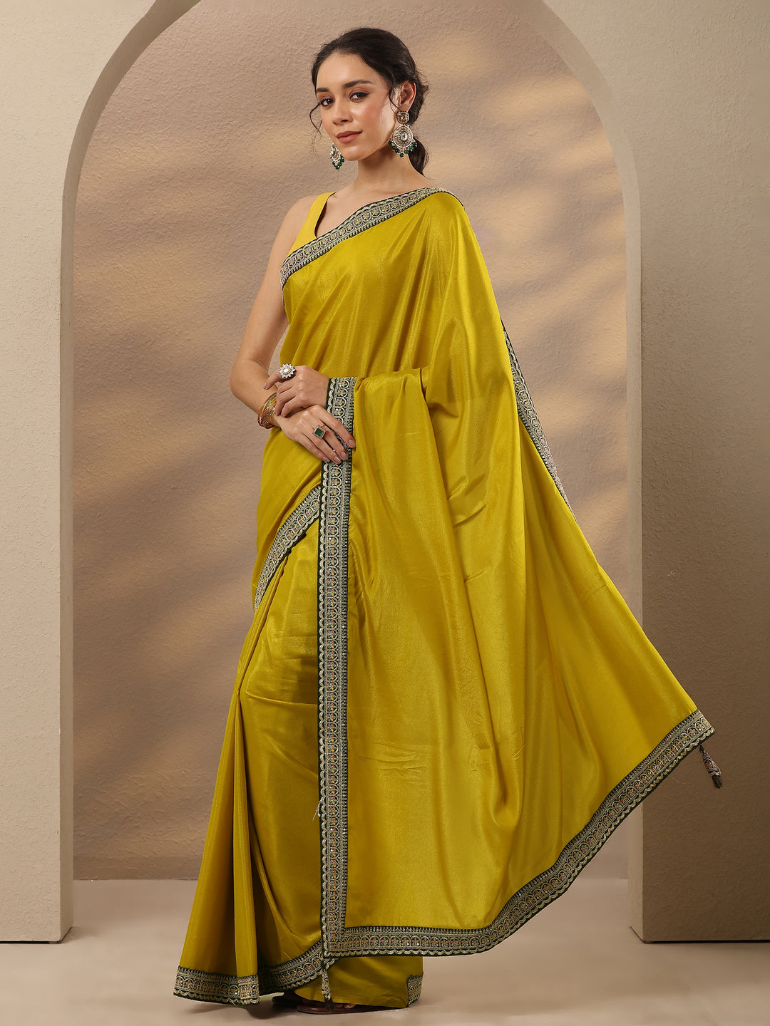  Yellow Solid Silk Blend Saree With Unstitched Blouse Piece 