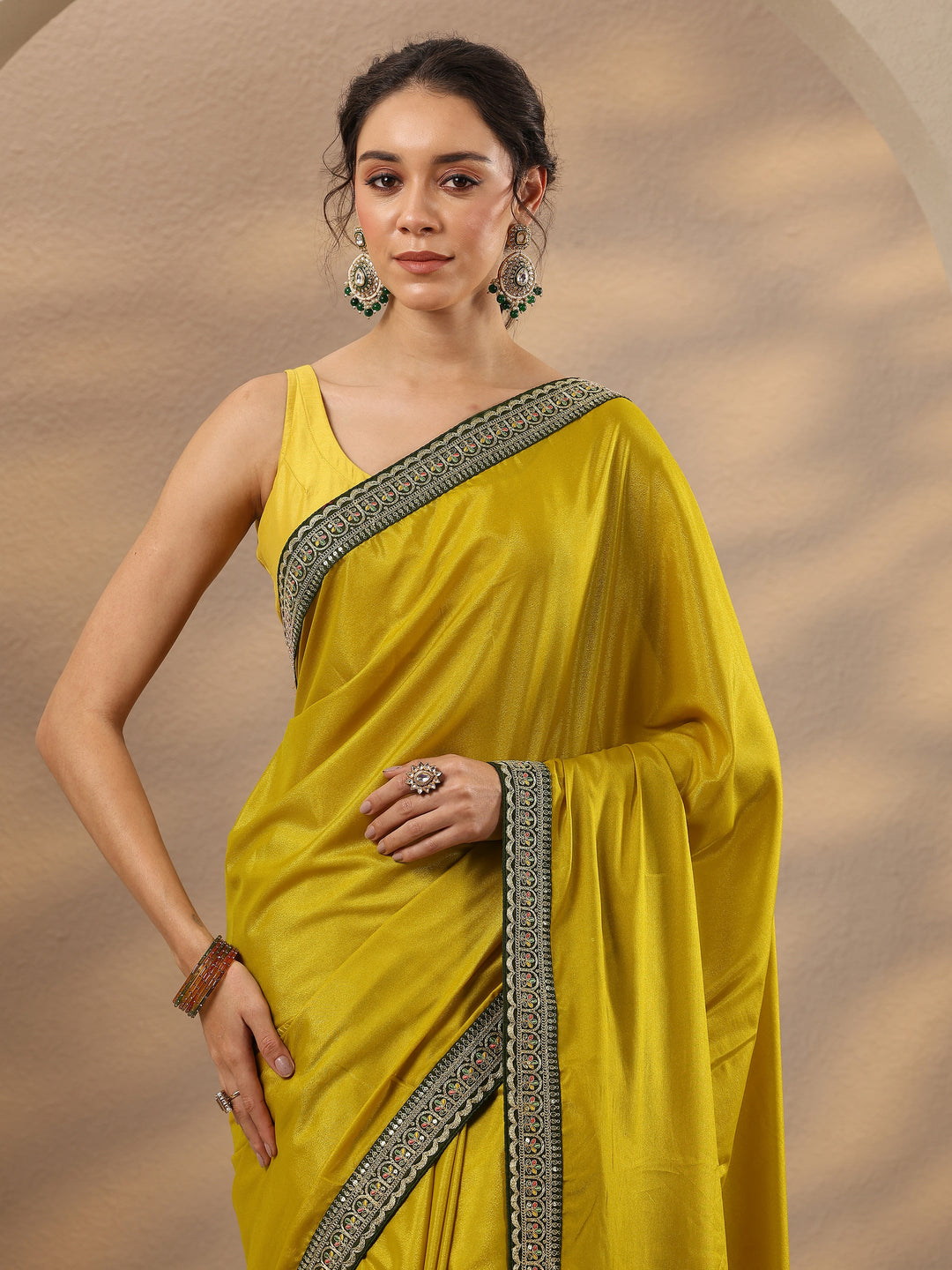  Yellow Solid Silk Blend Saree With Unstitched Blouse Piece 