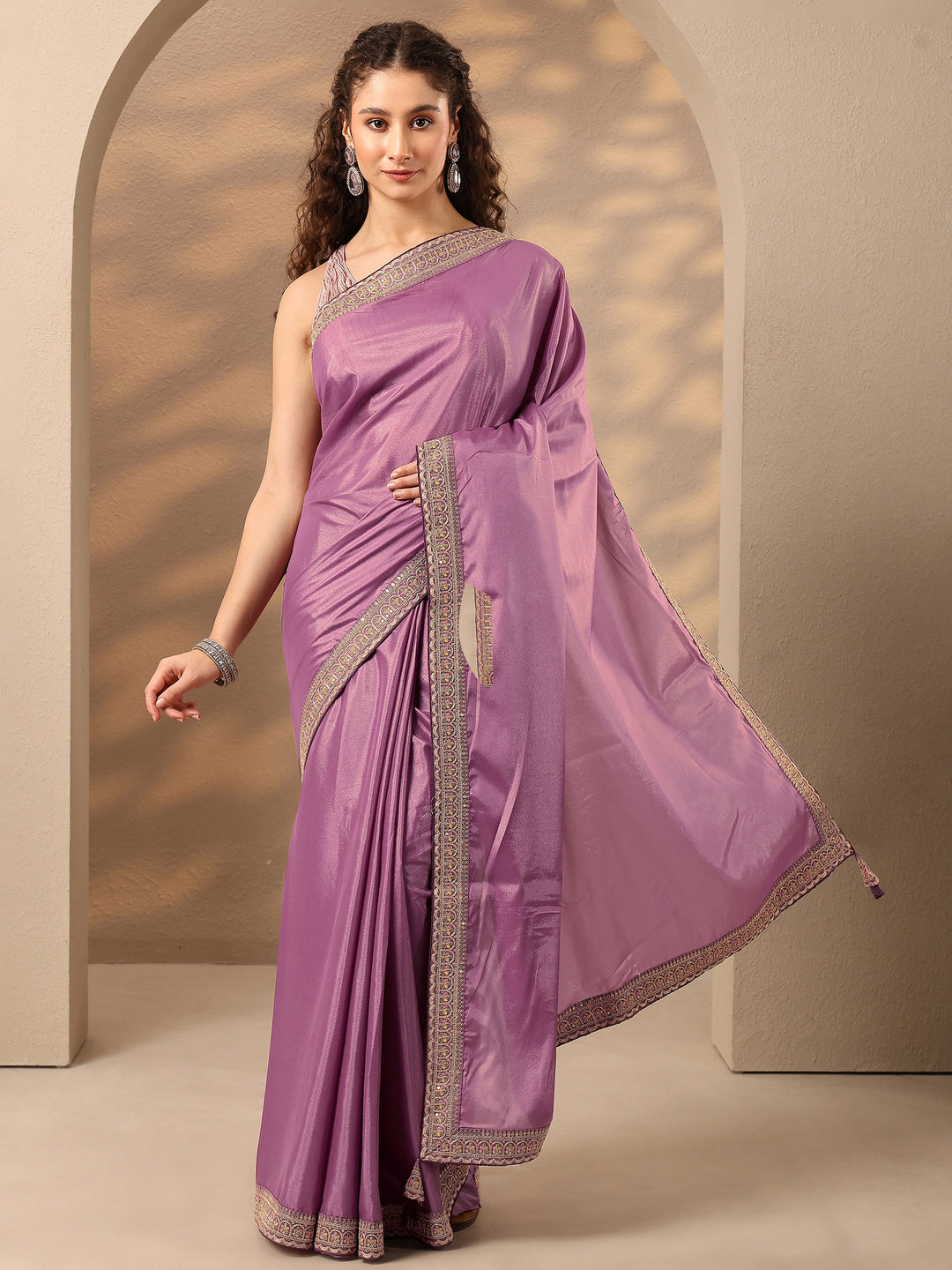  Lavender Solid Silk Blend Saree With Unstitched Blouse Piece 