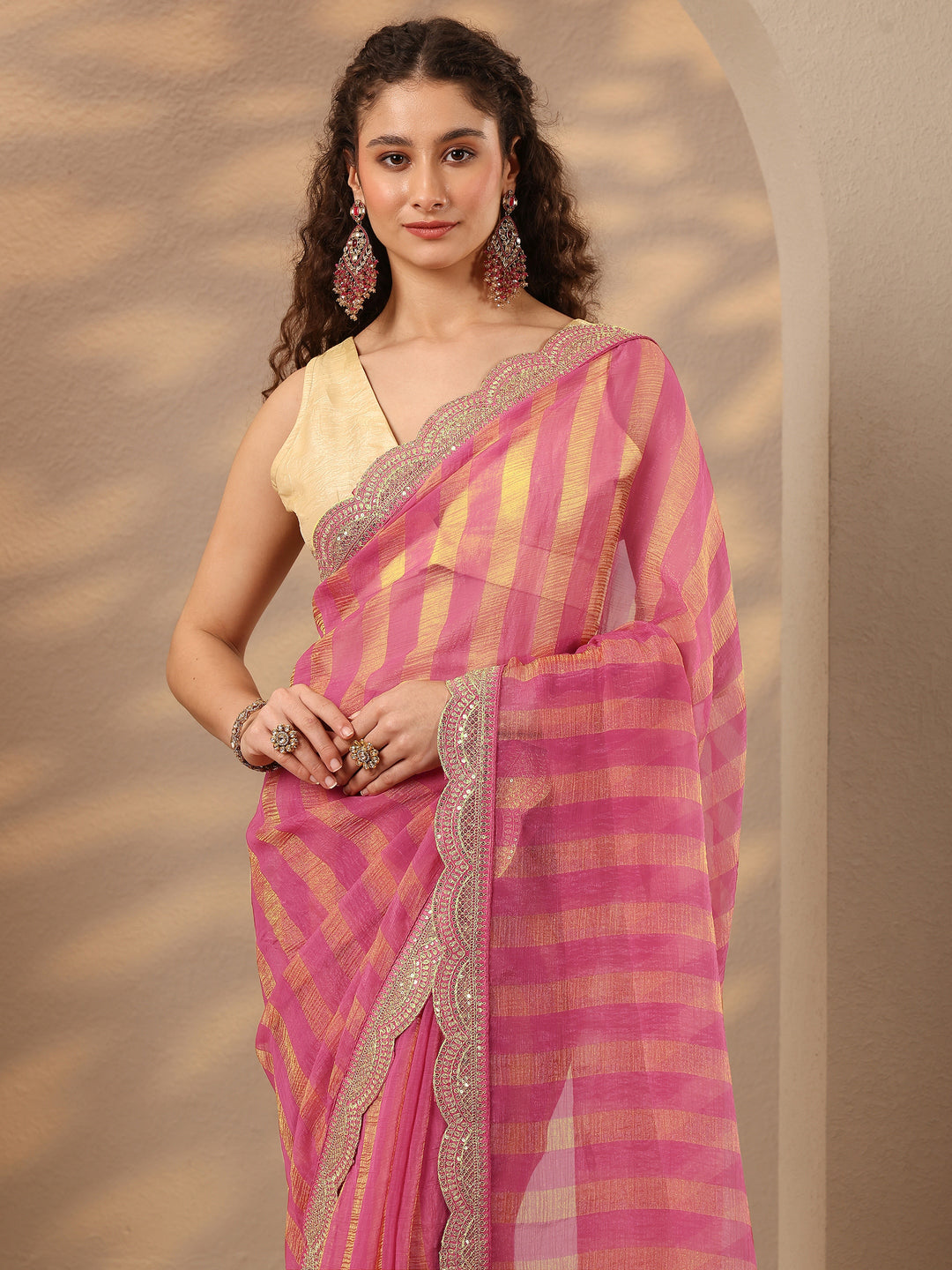  Pink Striped Embellished Silk Blend Saree With Unstitched Blouse Piece 