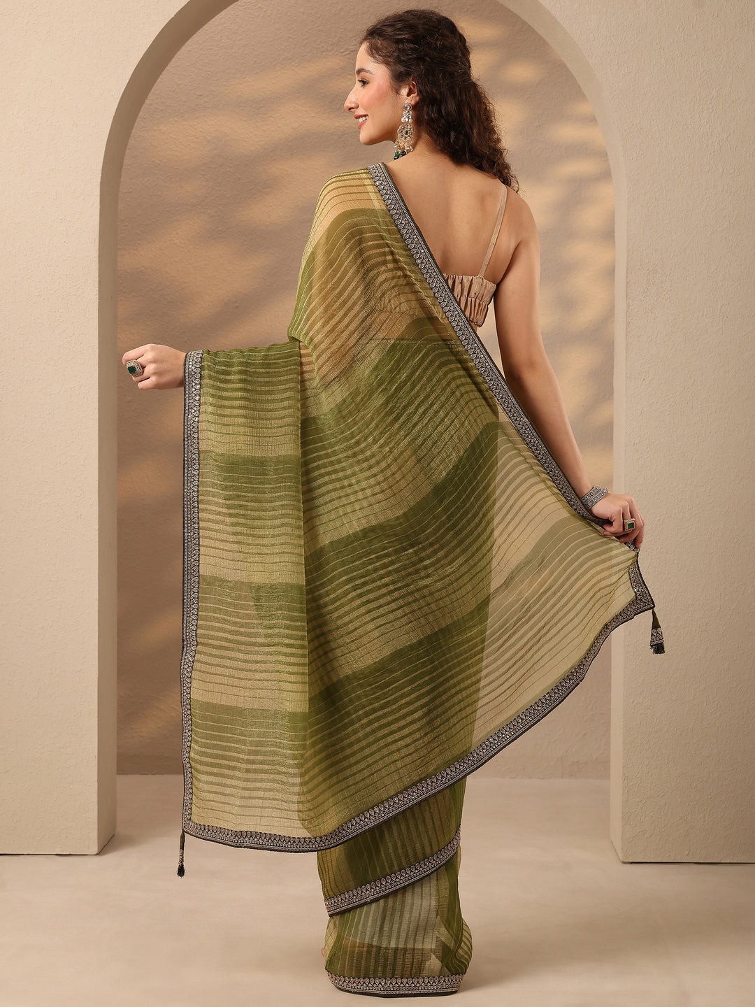  Green Striped Embellished Silk Blend Saree With Unstitched Blouse Piece 