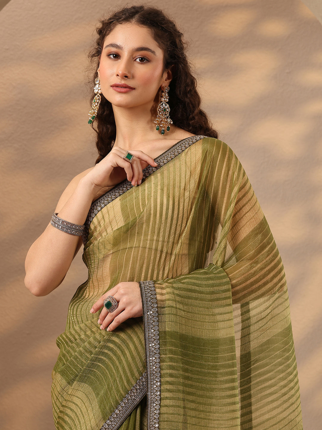  Green Striped Embellished Silk Blend Saree With Unstitched Blouse Piece 