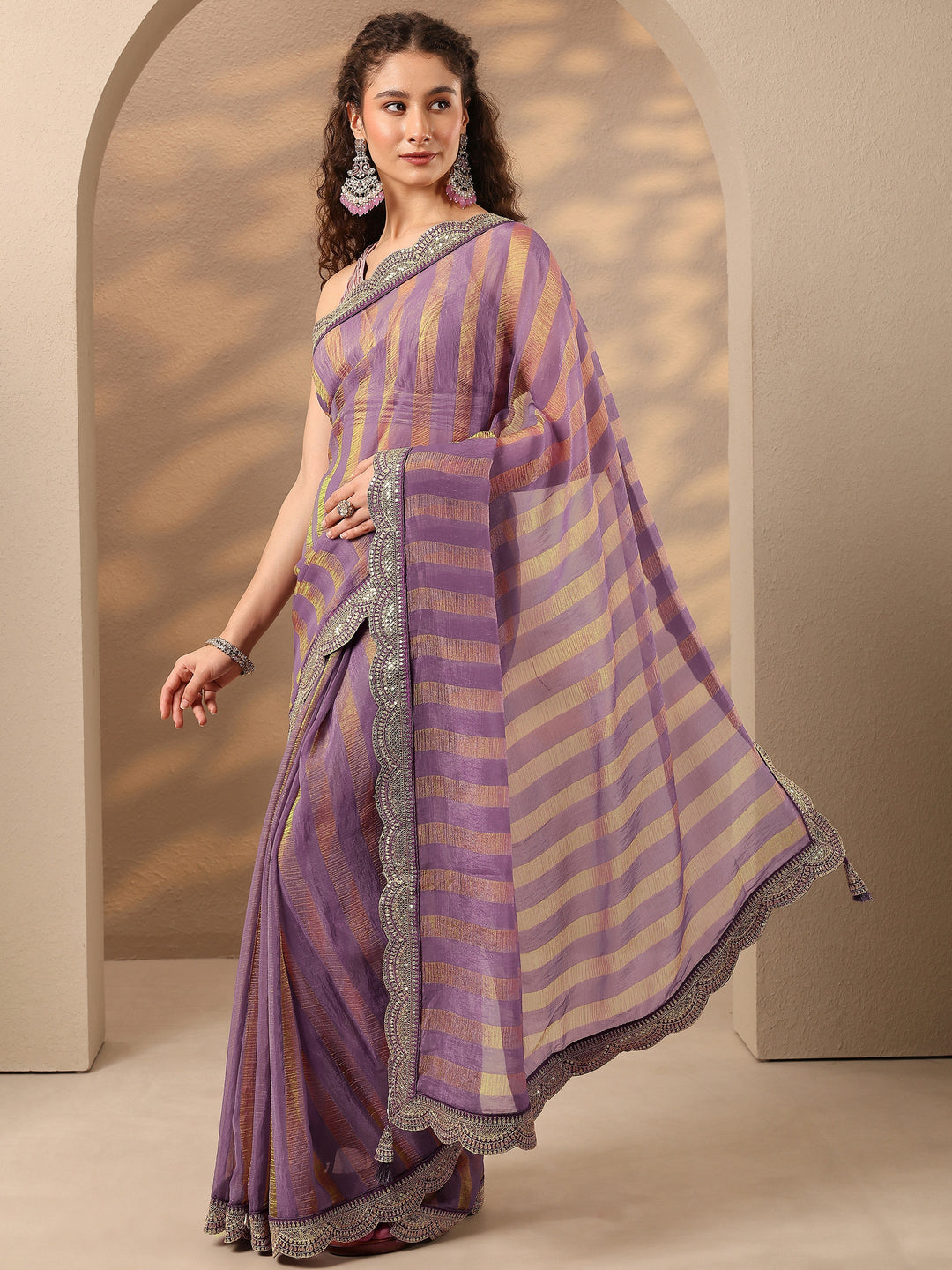 Lavender Striped Embellished Silk Blend Saree With Unstitched Blouse Piece 