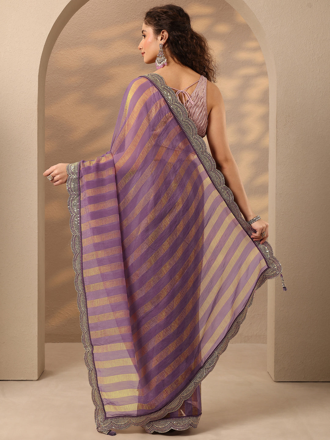  Lavender Striped Embellished Silk Blend Saree With Unstitched Blouse Piece 