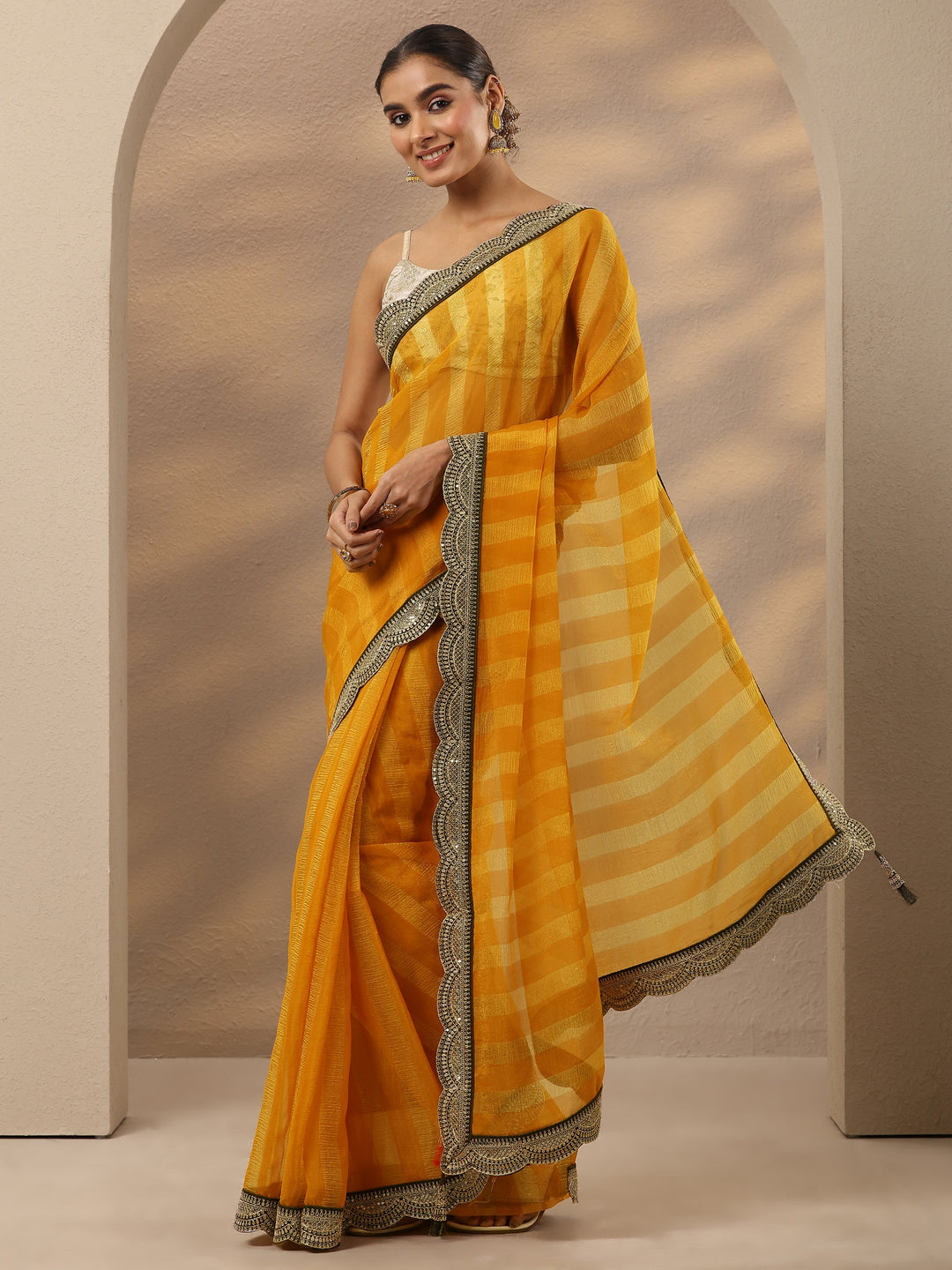  Yellow Striped Embellished Silk Blend Saree With Unstitched Blouse Piece 