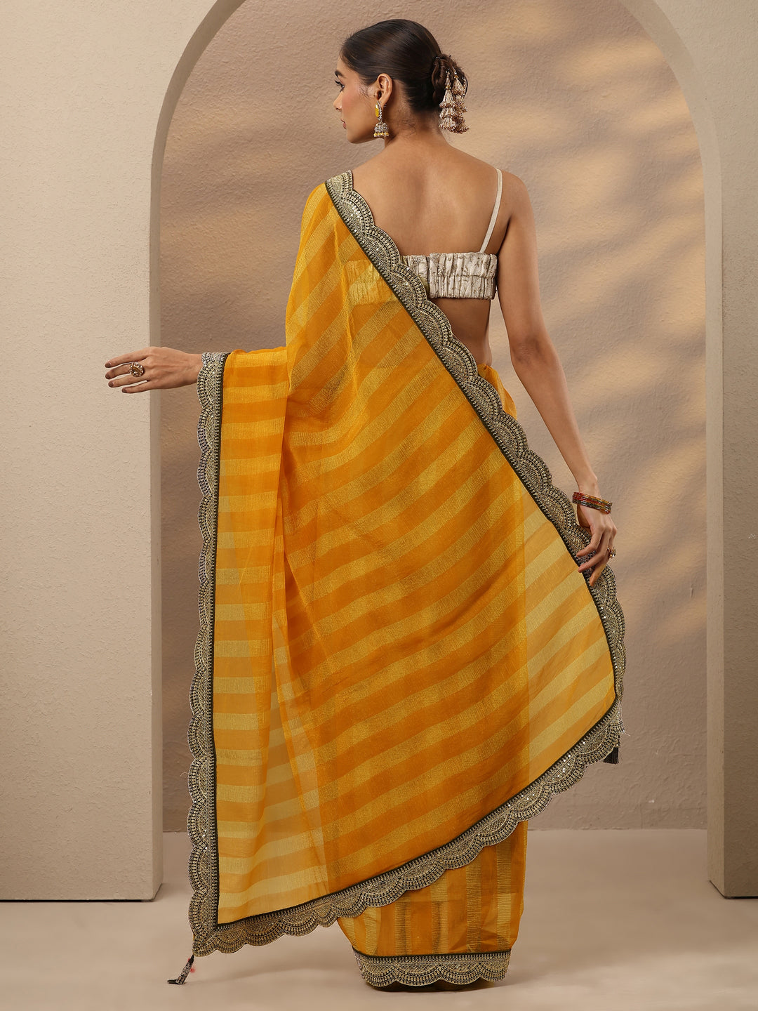  Yellow Striped Embellished Silk Blend Saree With Unstitched Blouse Piece 