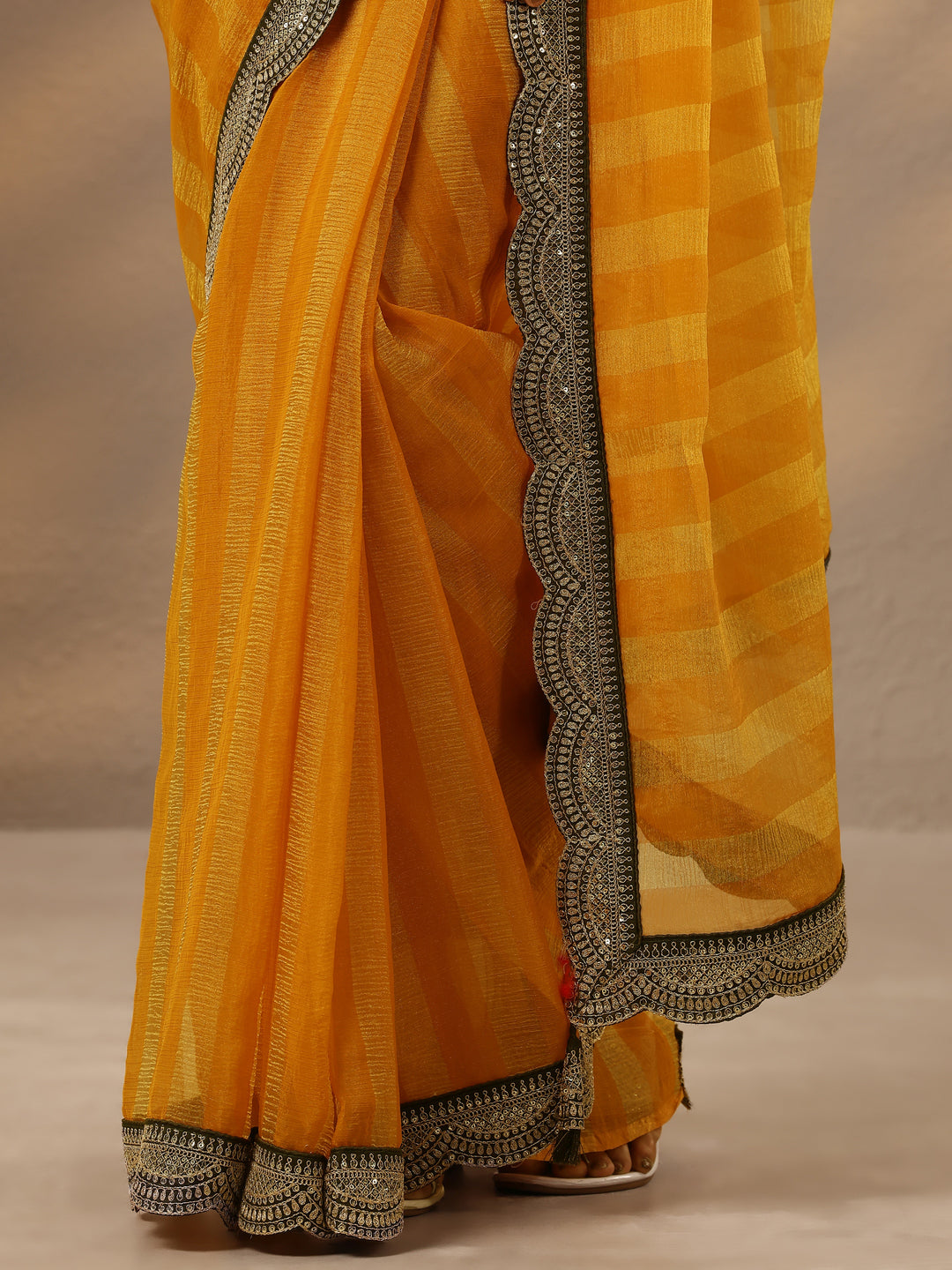  Yellow Striped Embellished Silk Blend Saree With Unstitched Blouse Piece 