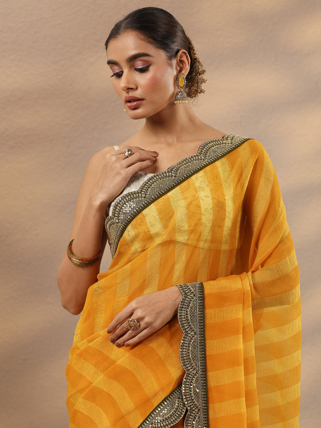  Yellow Striped Embellished Silk Blend Saree With Unstitched Blouse Piece 