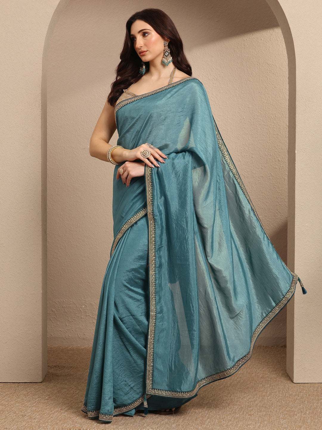  Blue Solid Silk Blend Saree With Unstitched Blouse Piece 