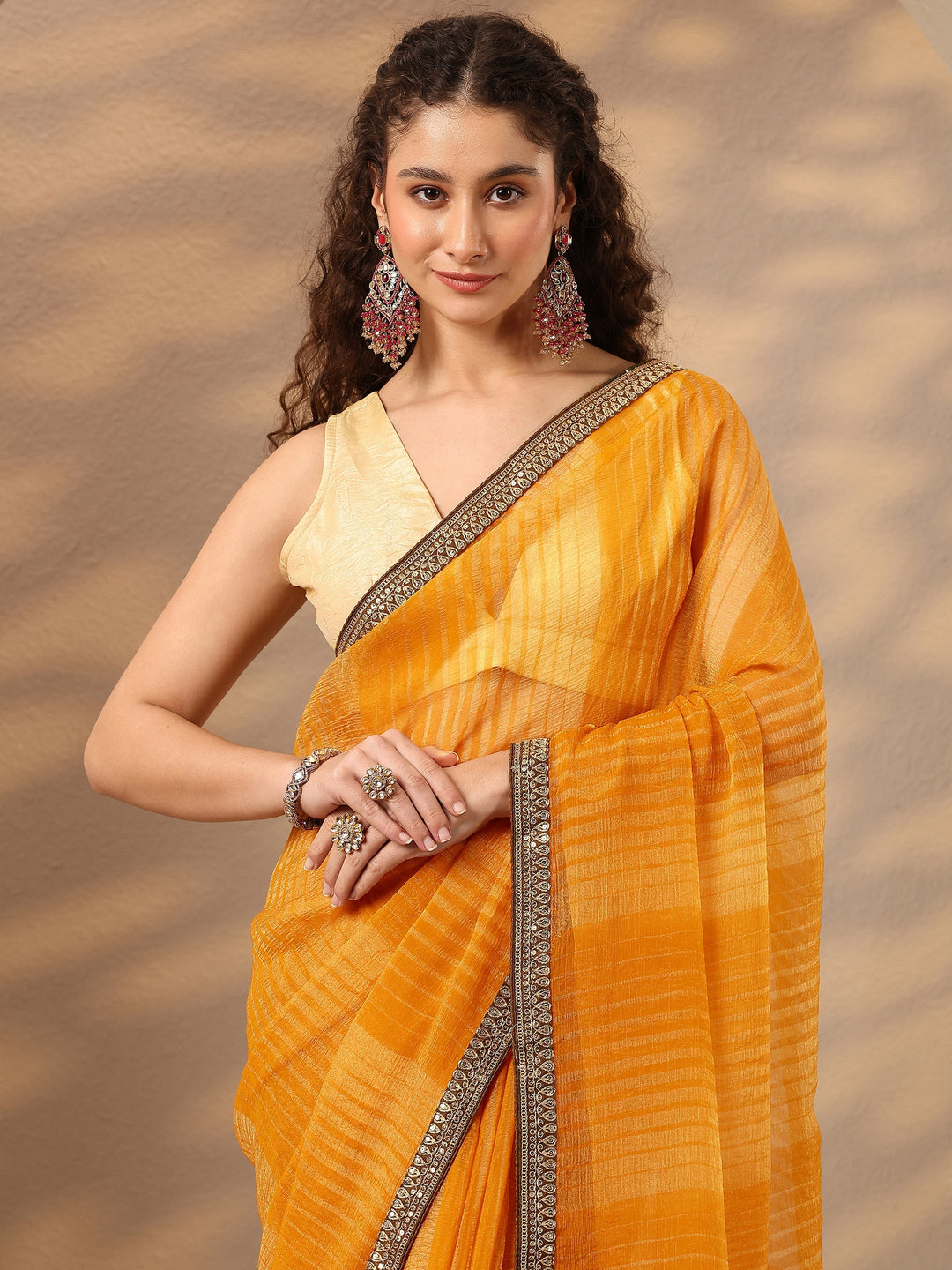  Mustard Striped Embellished Silk Blend Saree With Unstitched Blouse Piece 