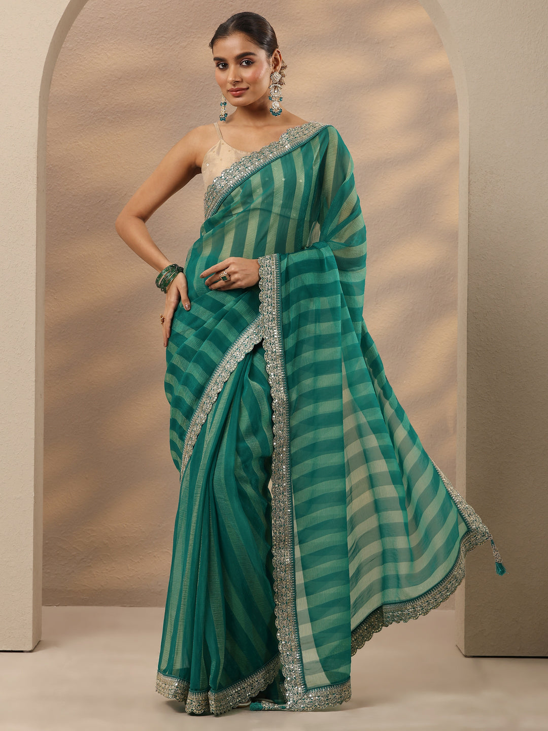  Green Striped Embellished Silk Blend Saree With Unstitched Blouse Piece 