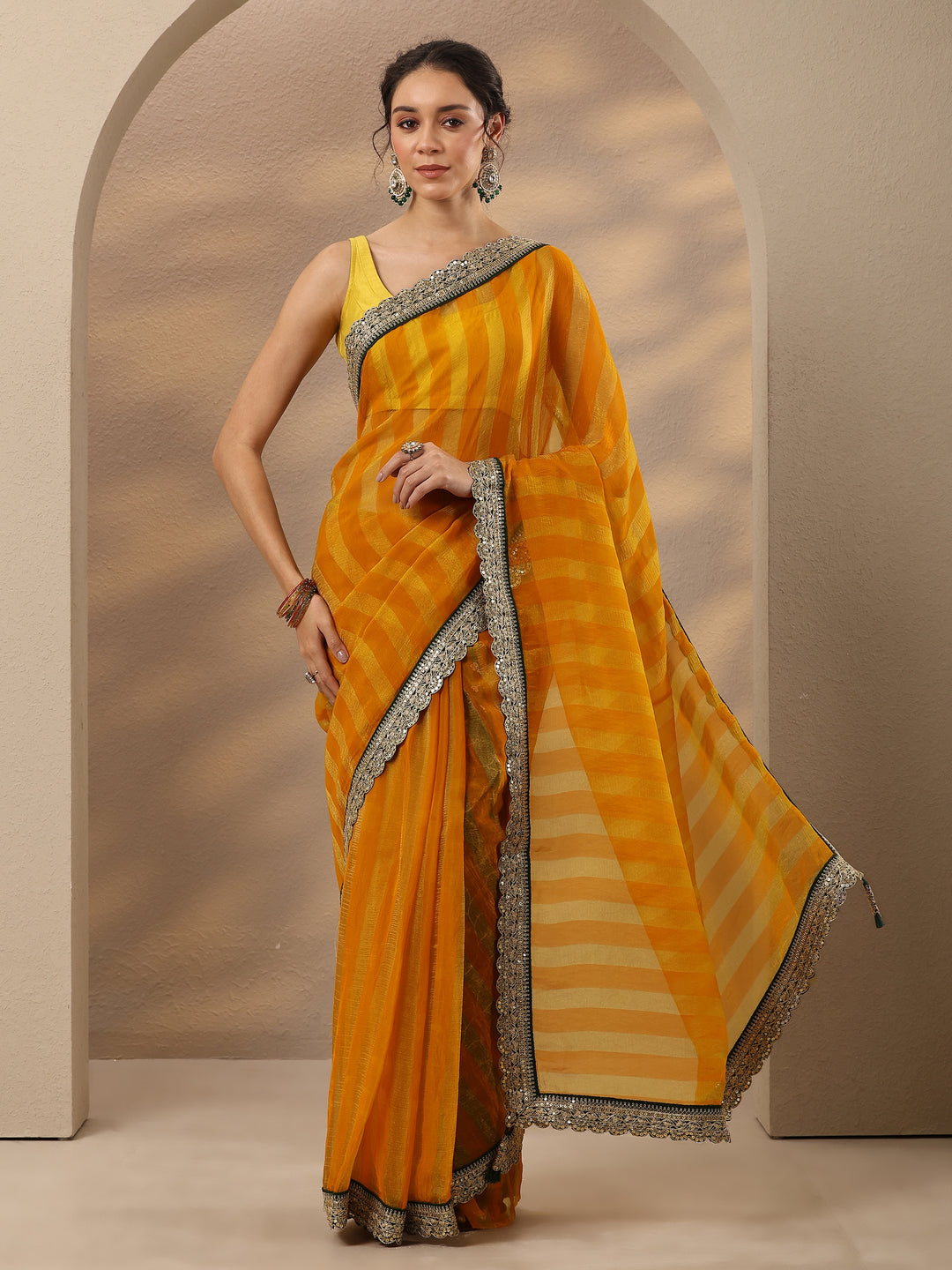  Yellow Striped Embellished Silk Blend Saree With Unstitched Blouse Piece 