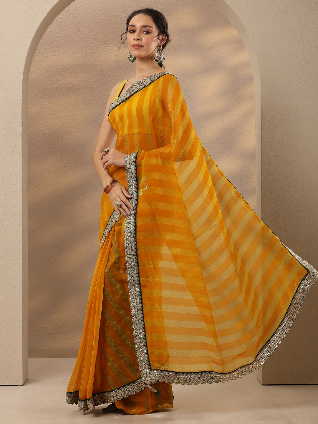  Yellow Striped Embellished Silk Blend Saree With Unstitched Blouse Piece 