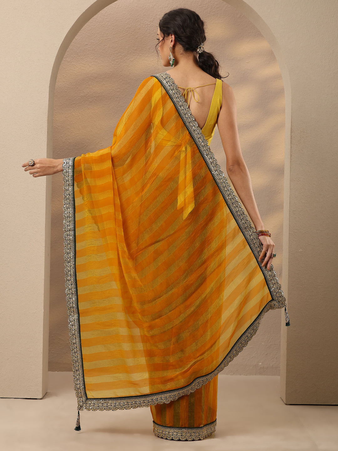  Yellow Striped Embellished Silk Blend Saree With Unstitched Blouse Piece 