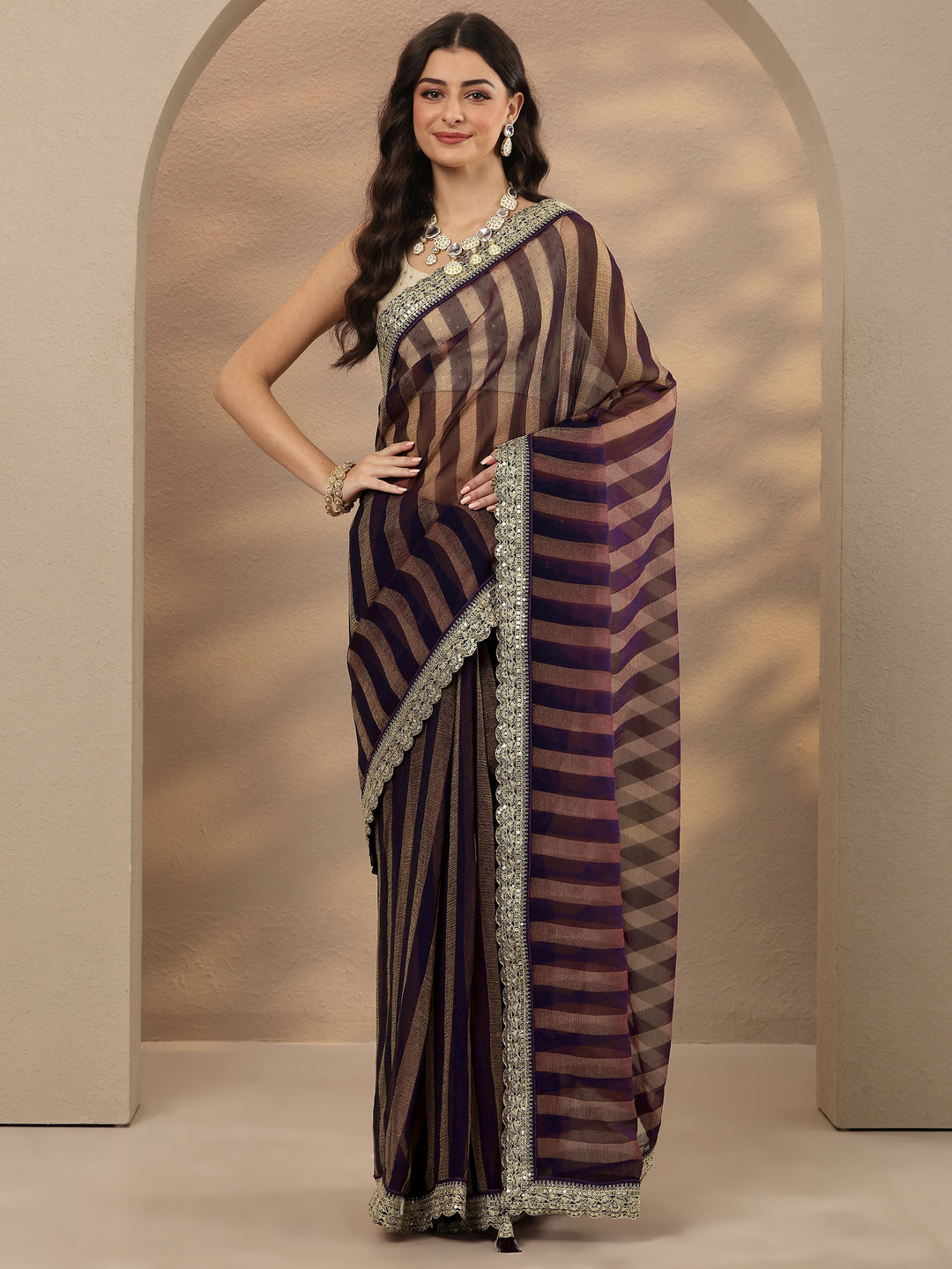  Purple Striped Embellished Silk Blend Saree With Unstitched Blouse Piece 