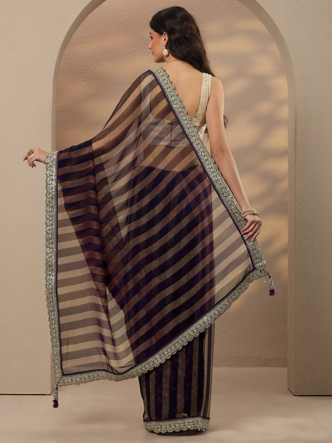  Purple Striped Embellished Silk Blend Saree With Unstitched Blouse Piece 