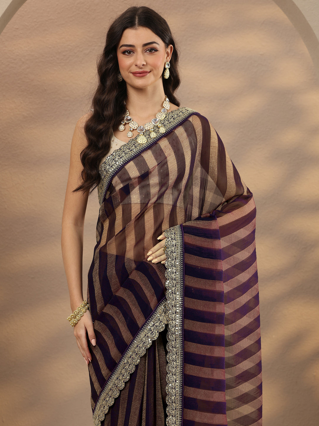  Purple Striped Embellished Silk Blend Saree With Unstitched Blouse Piece 