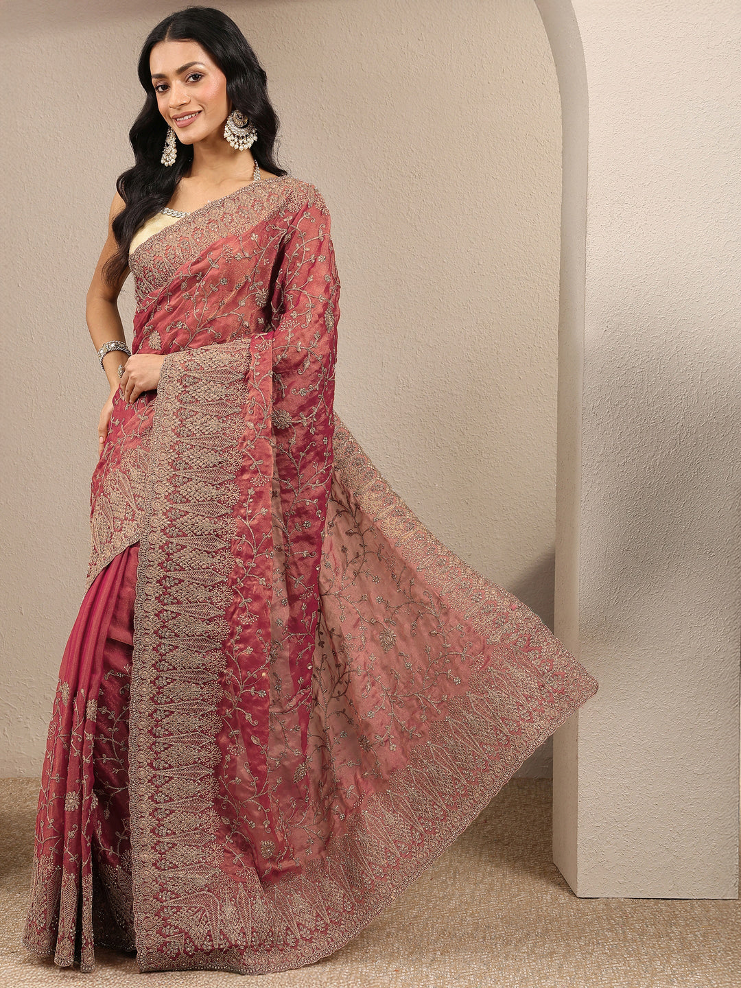  Peach Embroidered Silk Blend Saree With Unstitched Blouse Piece 