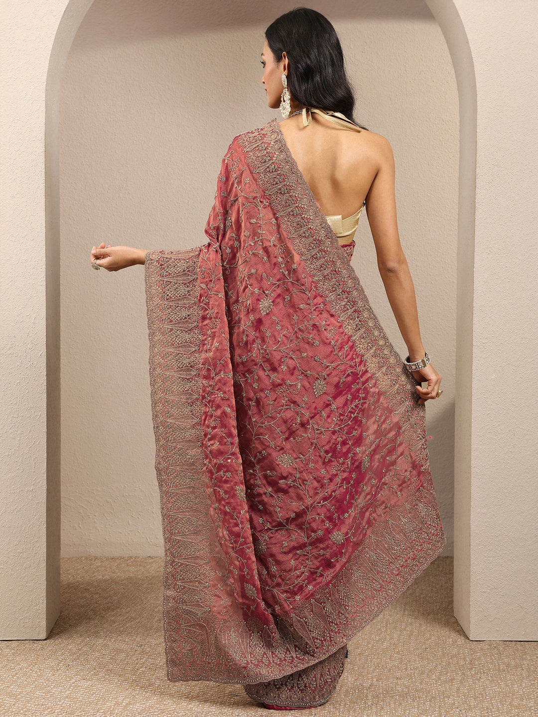  Peach Embroidered Silk Blend Saree With Unstitched Blouse Piece 