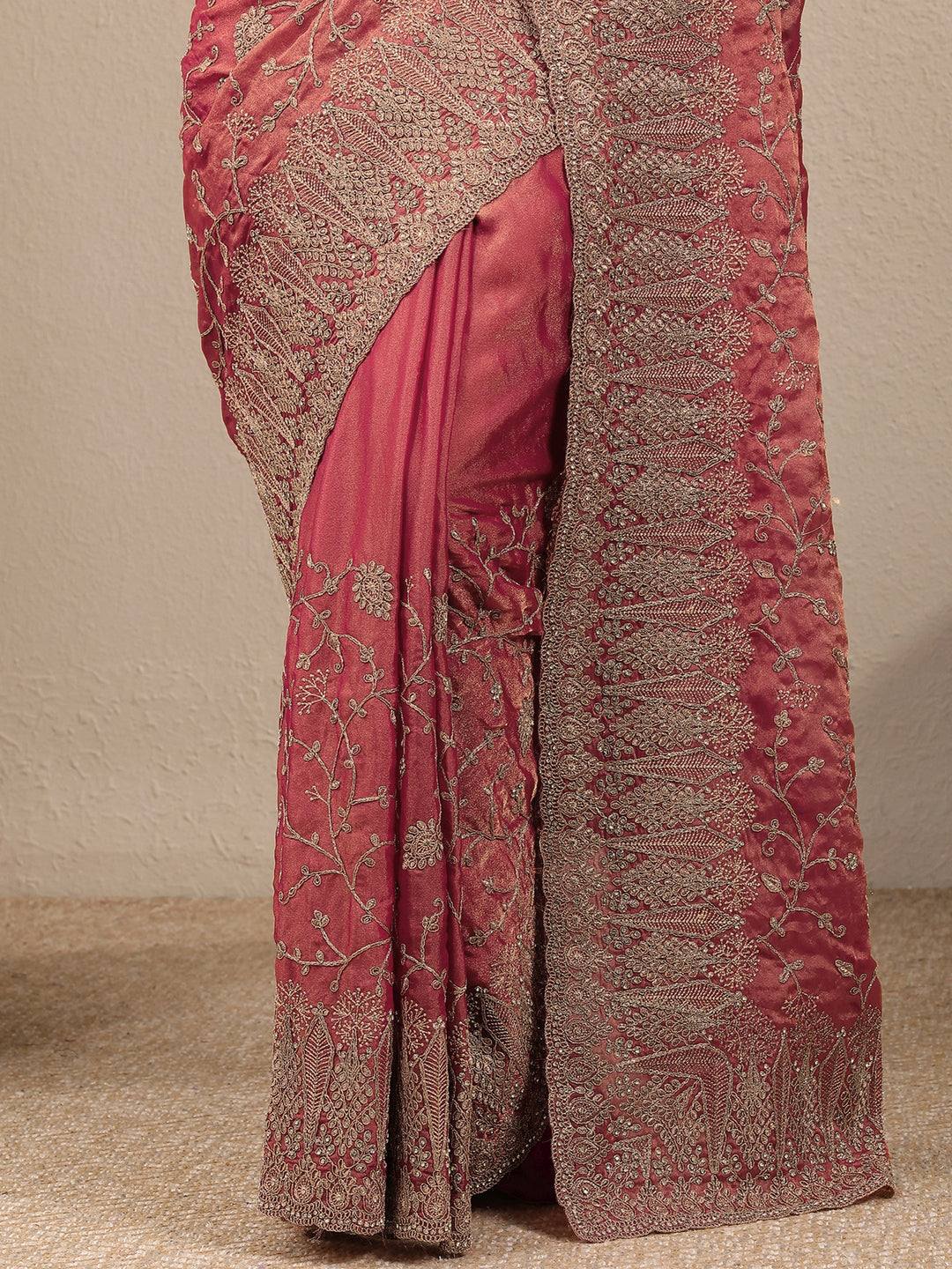  Peach Embroidered Silk Blend Saree With Unstitched Blouse Piece 