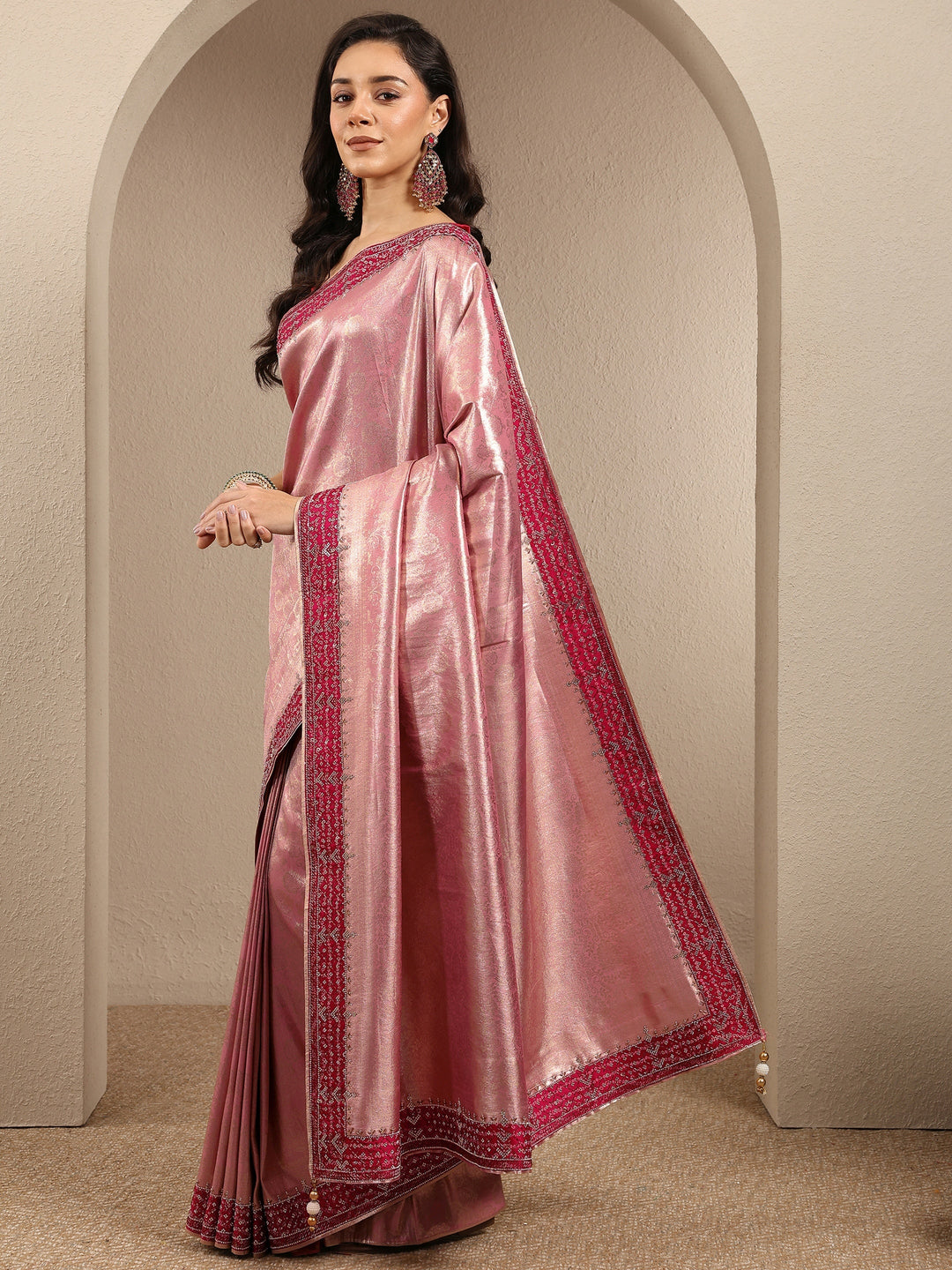  Peach Woven Design Silk Blend Saree With Unstitched Blouse Piece 