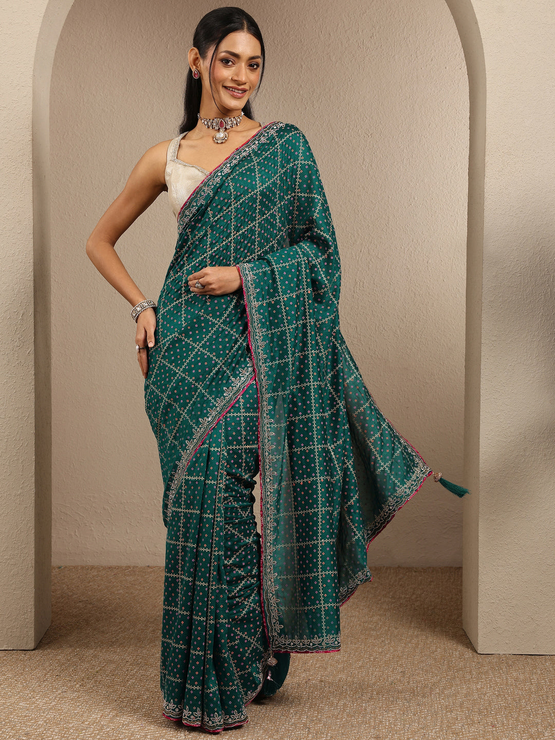  Blue Bandhani Printed Silk Blend Saree With Unstitched Blouse Piece 