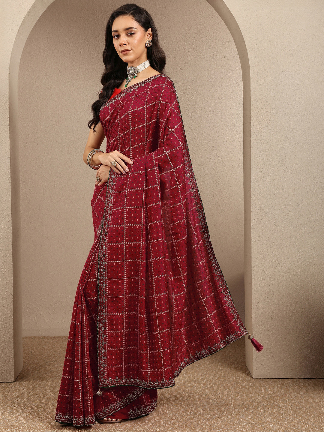  Red Bandhani Printed Silk Blend Saree With Unstitched Blouse Piece 