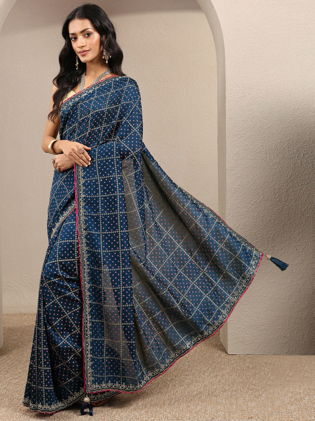  Navy Blue Bandhani Printed Silk Blend Saree With Unstitched Blouse Piece 