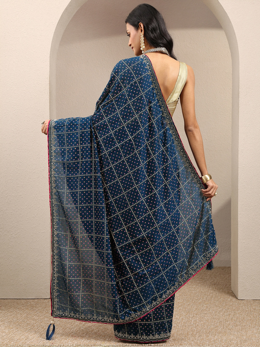  Navy Blue Bandhani Printed Silk Blend Saree With Unstitched Blouse Piece 
