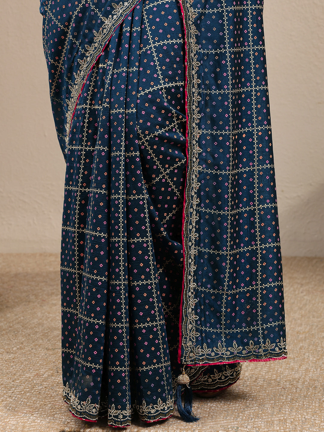  Navy Blue Bandhani Printed Silk Blend Saree With Unstitched Blouse Piece 