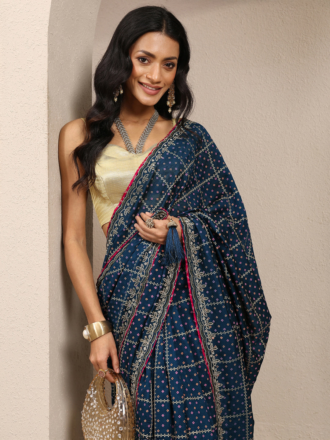  Navy Blue Bandhani Printed Silk Blend Saree With Unstitched Blouse Piece 