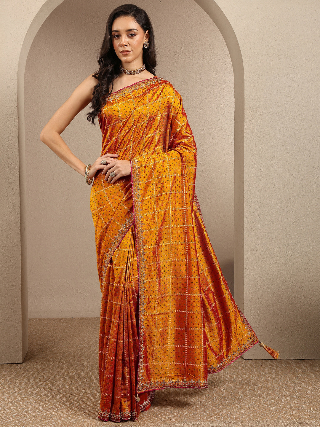  Mustard Bandhani Printed Silk Blend Saree With Unstitched Blouse Piece 