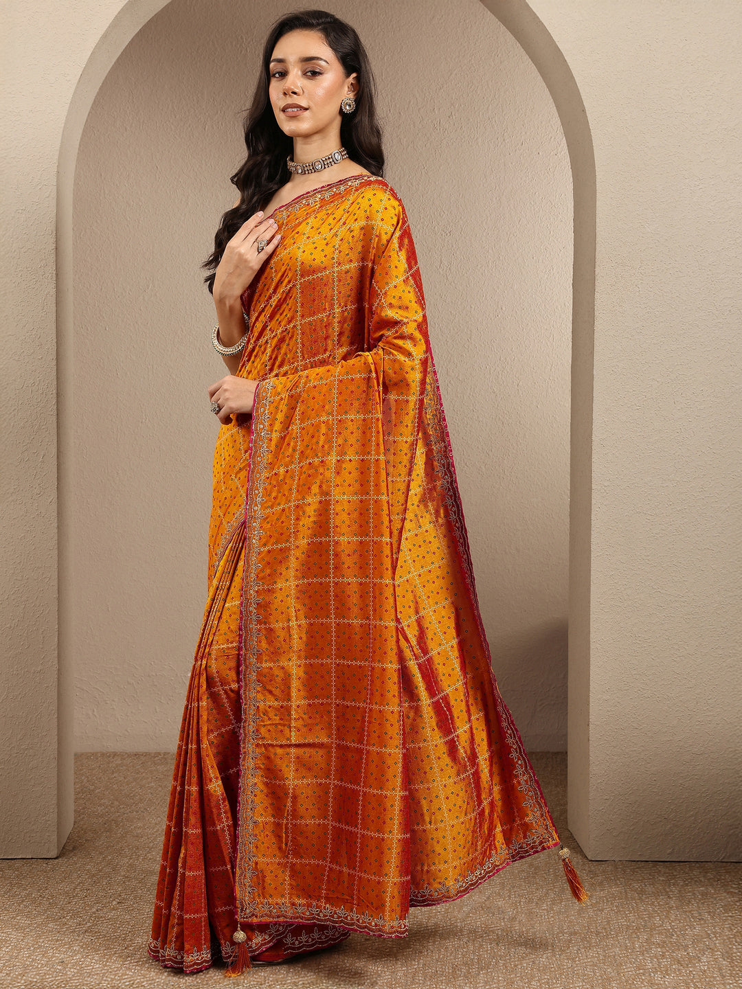  Mustard Bandhani Printed Silk Blend Saree With Unstitched Blouse Piece 