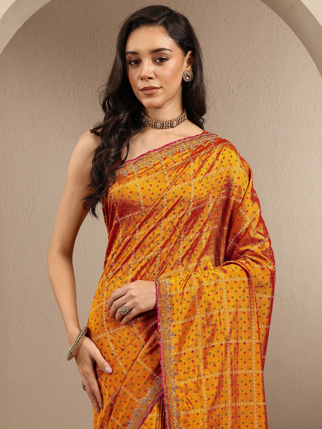  Mustard Bandhani Printed Silk Blend Saree With Unstitched Blouse Piece 