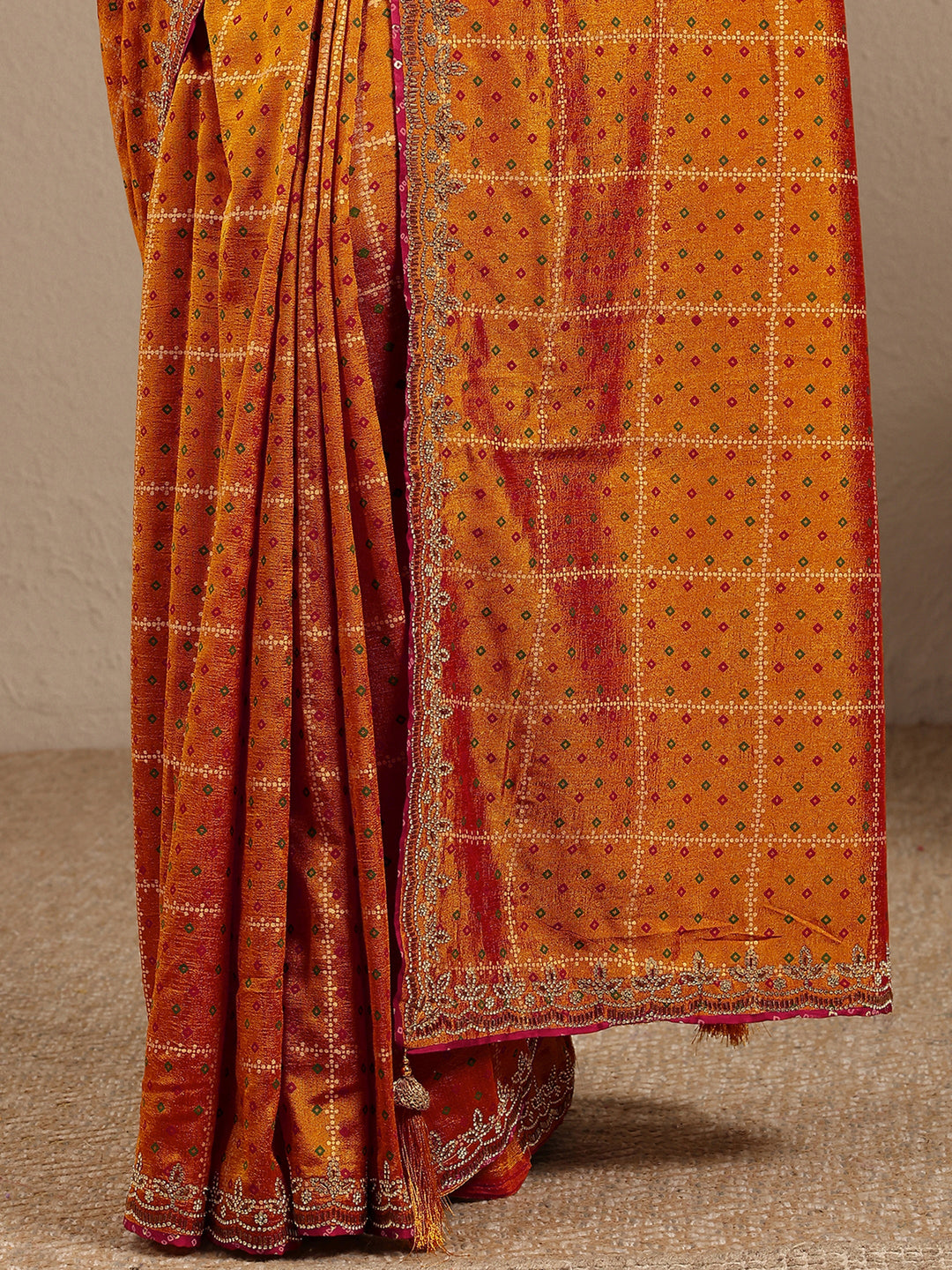  Mustard Bandhani Printed Silk Blend Saree With Unstitched Blouse Piece 