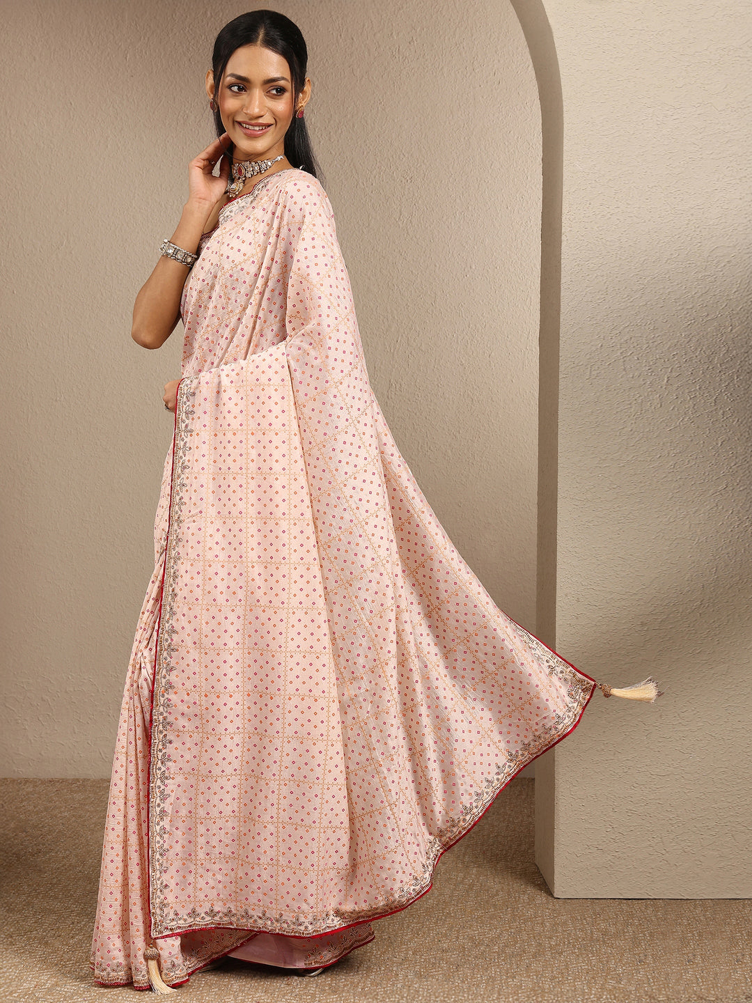  Cream Bandhani Printed Silk Blend Saree With Unstitched Blouse Piece 