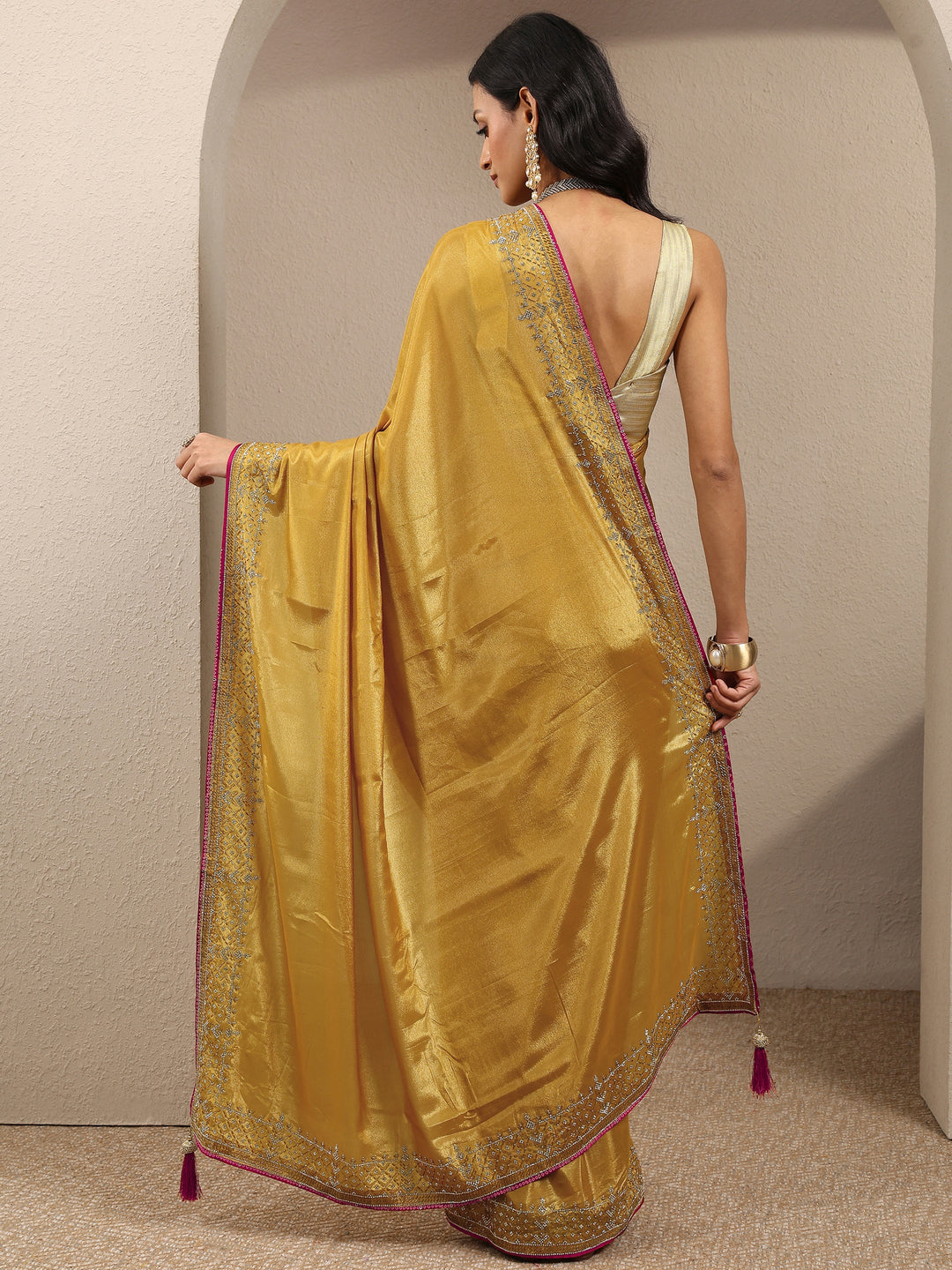  Mustard Solid Silk Blend Saree With Unstitched Blouse Piece 